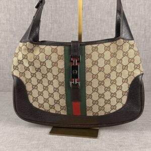 Gucci Jackie Shoulder Bag – GG Canvas with Web Stripe & Dark Brown Leather