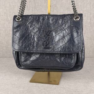 Saint Laurent Niki Shoulder Bag – Dark Navy Crinkled Leather with Tonal YSL Logo
