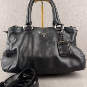 PRADA Vitello Leather Bauletto Tote – Black | Silver Hardware