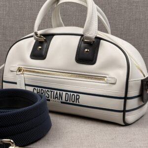 Christian Dior Dior Vibe Small Bowling Bag | White & Navy Calfskin | Full Set